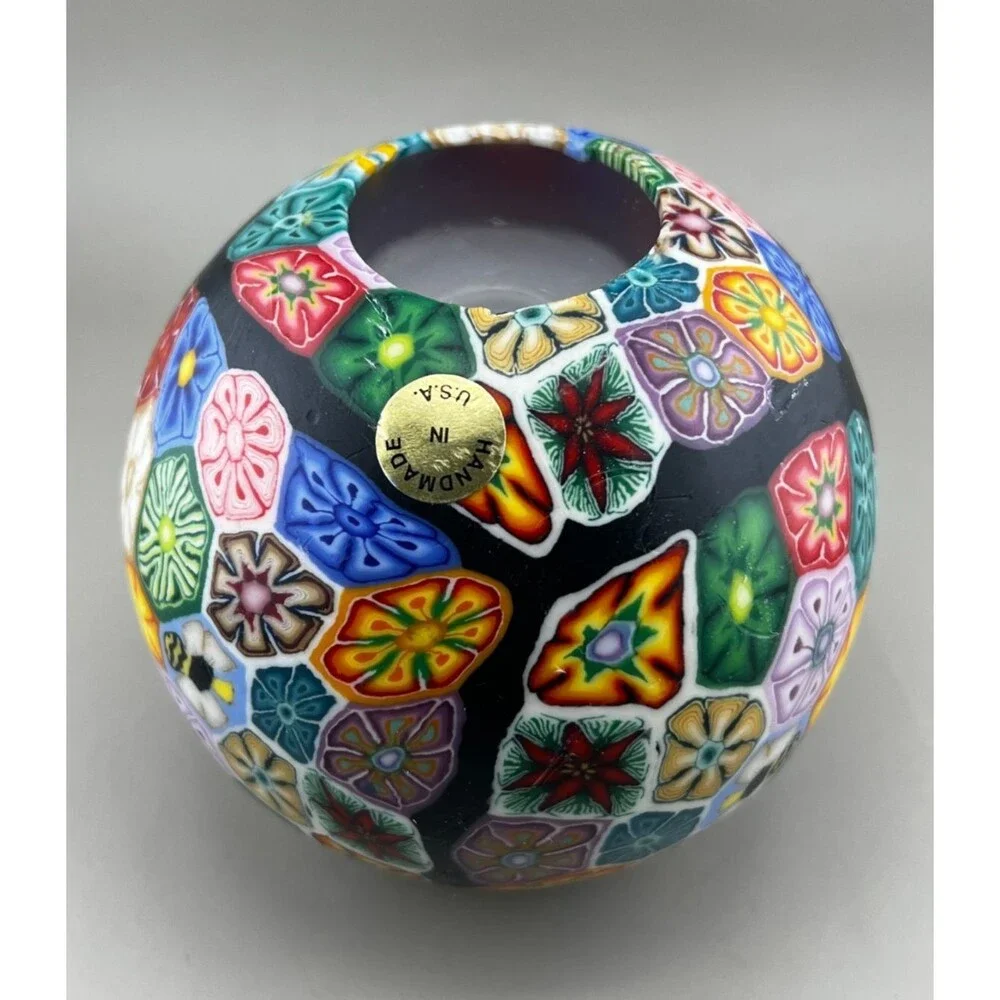 Stone Candles Millefiori Flowers Bee Pattern Candle Handmade USA Vtg Colorful